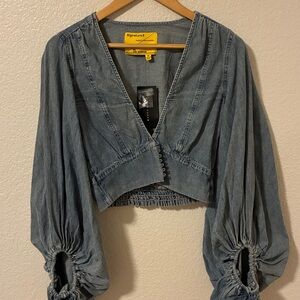 Signature8 Women’s Urban Streetwear, Cropped Denim Long-sleeve Blue Top